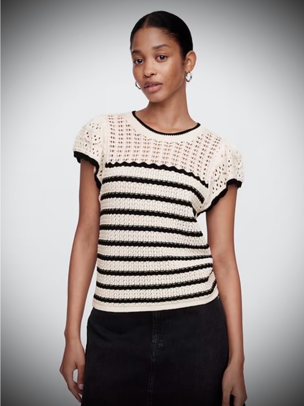 GAP Cream and Black Striped Crochet Crewneck Sweater